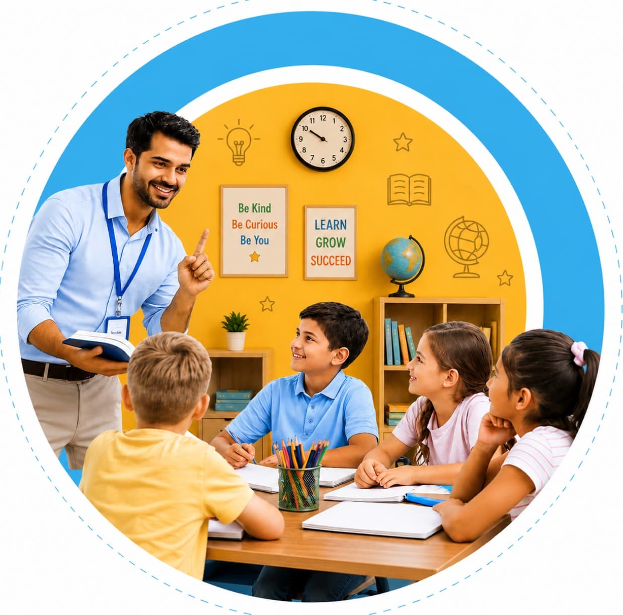 Teacher and students using Maskeen Edutech's connected school platform