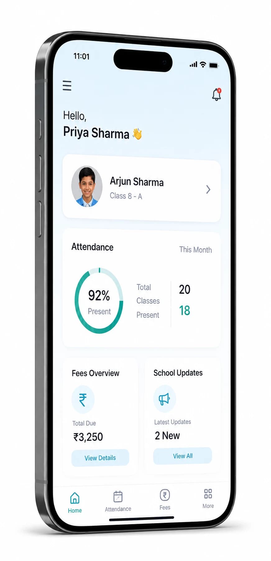 Maskeen Edutech parent app on a premium smartphone